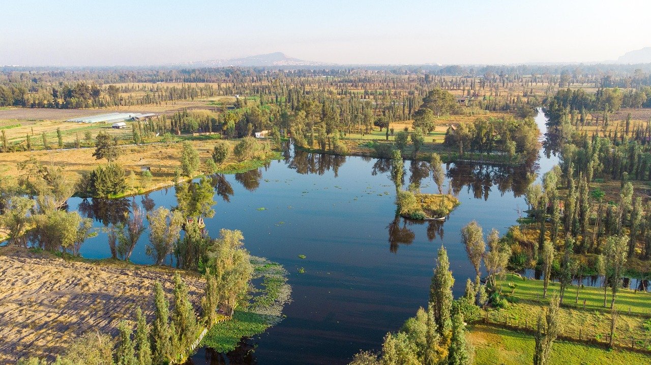 Vista aérea de Xochimilco: canales de agua entre chinampas verdes y arboladas, con la ciudad al fondo