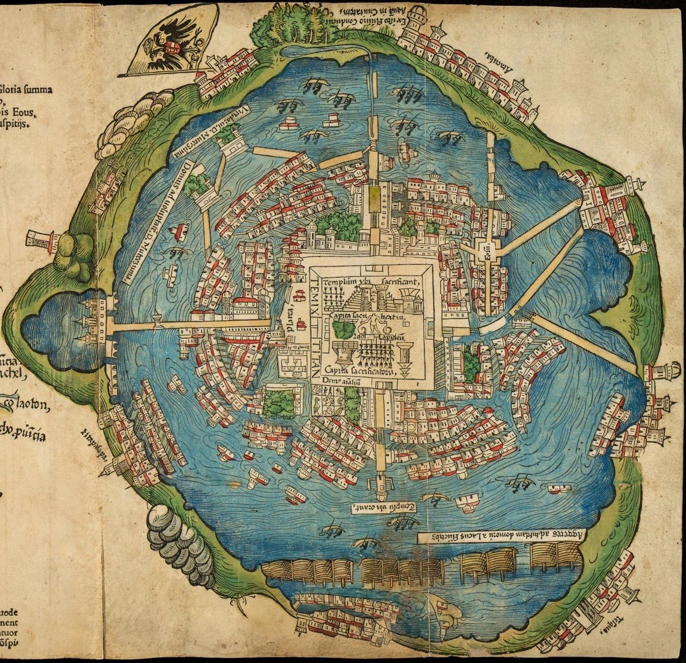 Mapa xilográfico coloreado de Tenochtitlan en medio de la laguna: la ciudad unida a tierra firme por calzadas rectas, el recinto sagrado en el centro, canoas en el agua y, en el borde inferior, una hilera de empalizadas dentro de la laguna