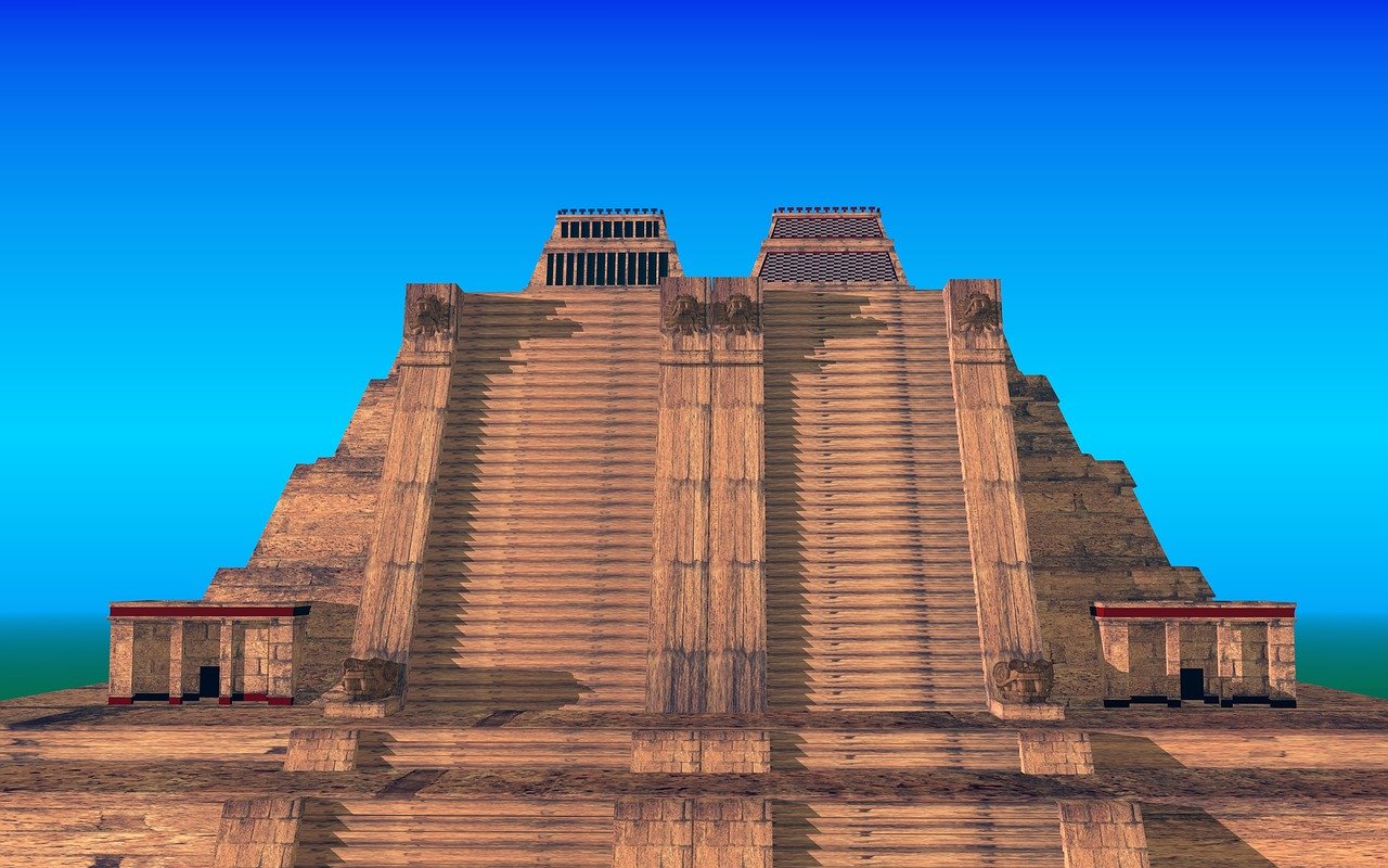 Reconstrucción digital del Templo Mayor de Tenochtitlan: pirámide con dos escalinatas y dos adoratorios en lo alto