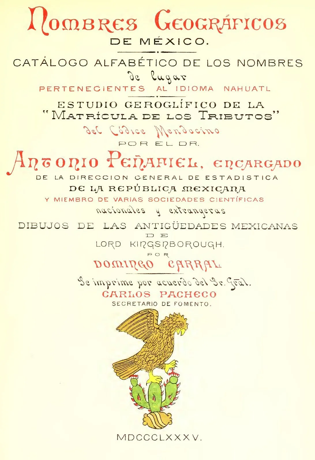 Portada de Nombres geográficos de México, Antonio Peñafiel, 1885