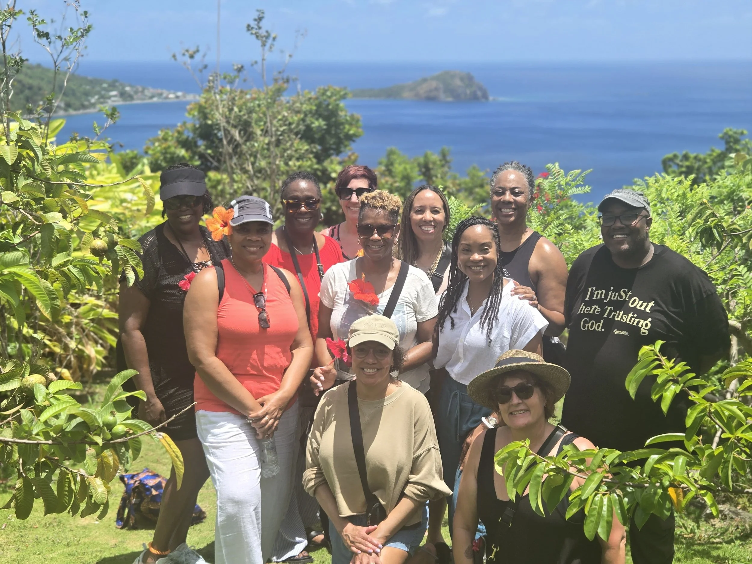 A group together in the gardens at Jungle Bay Dominica