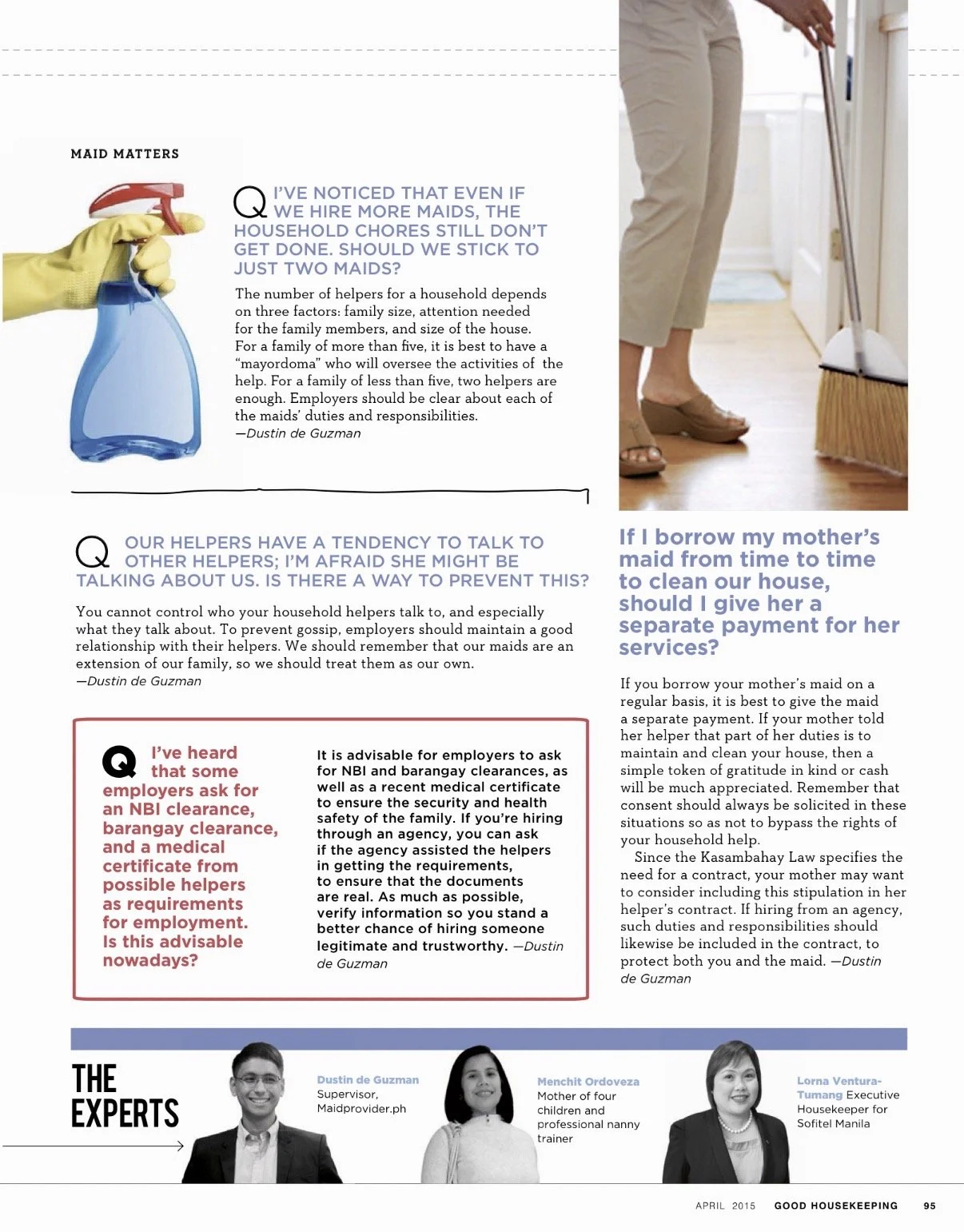 A MaidProvider.ph supervisor featured in the Good Housekeeping Philippines Maid Matters expert column, page 95, April 2015