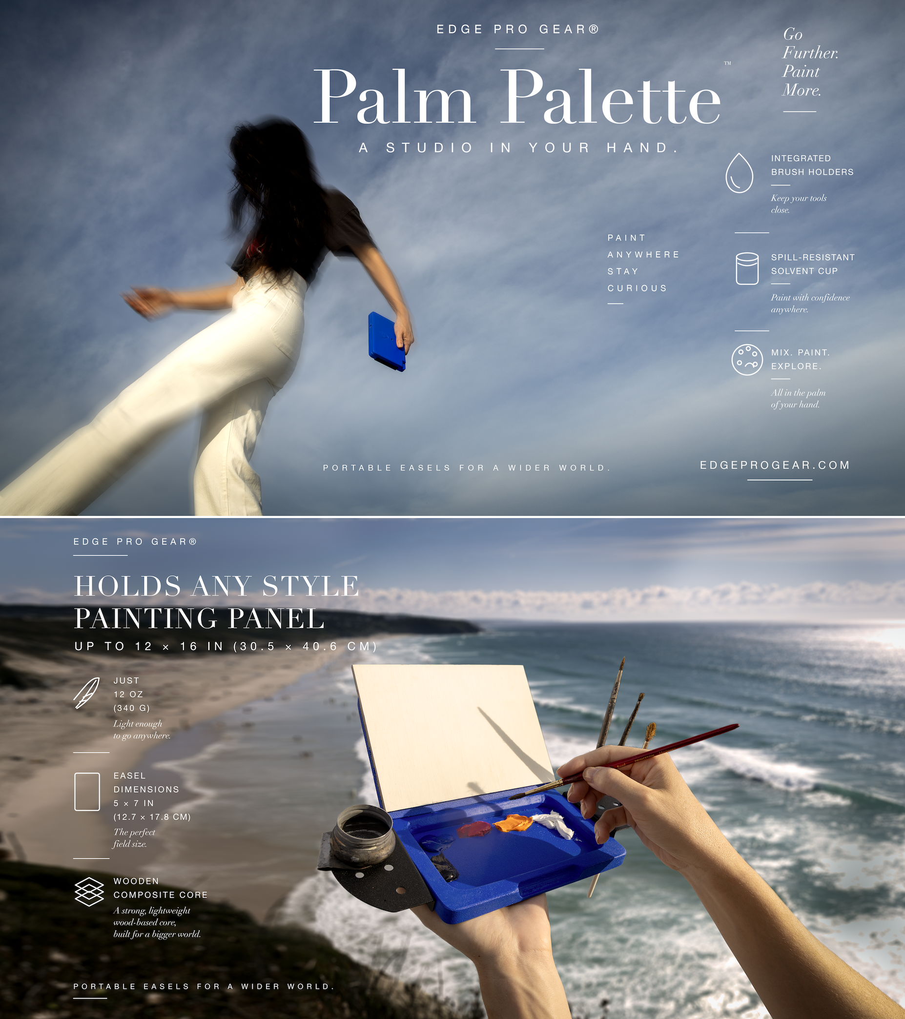 Palm Palette magazine spread: a painter on a beach holding the palette, and the open palette holding a panel over the sea