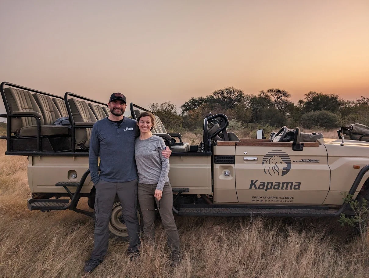 Ashley and Jamie on safari at Kapama Private Game Reserve in South Africa