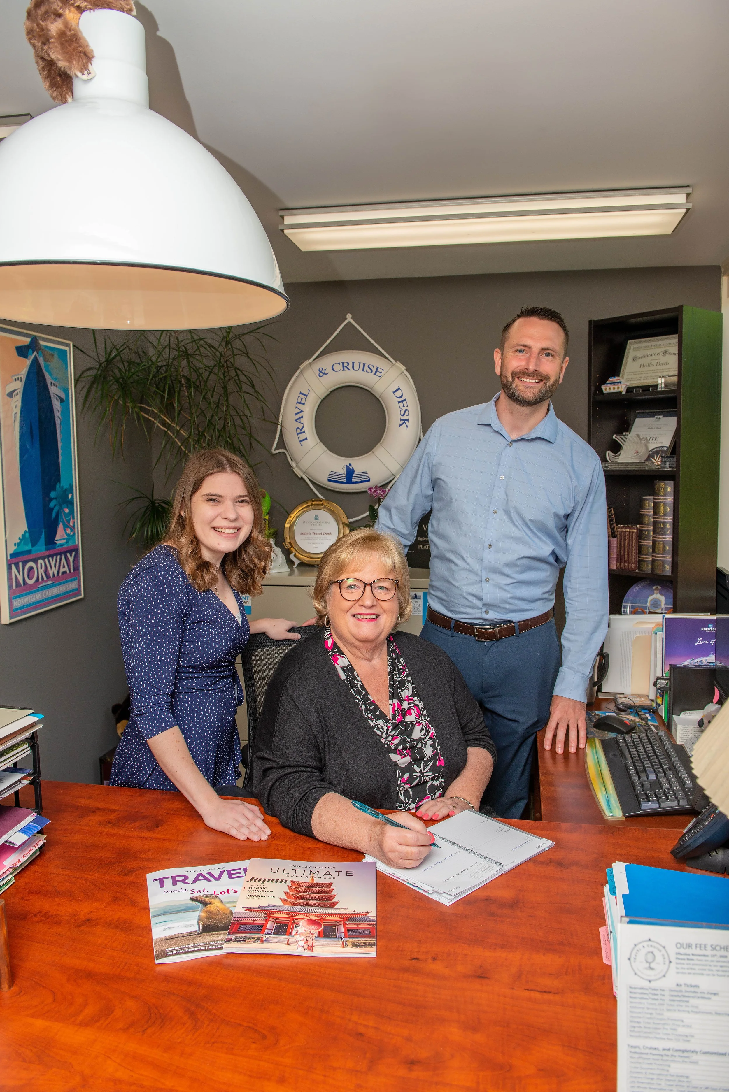Jamie Anderson, Hollis and Caitlin at Travel and Cruise Desk Lake Oswego office