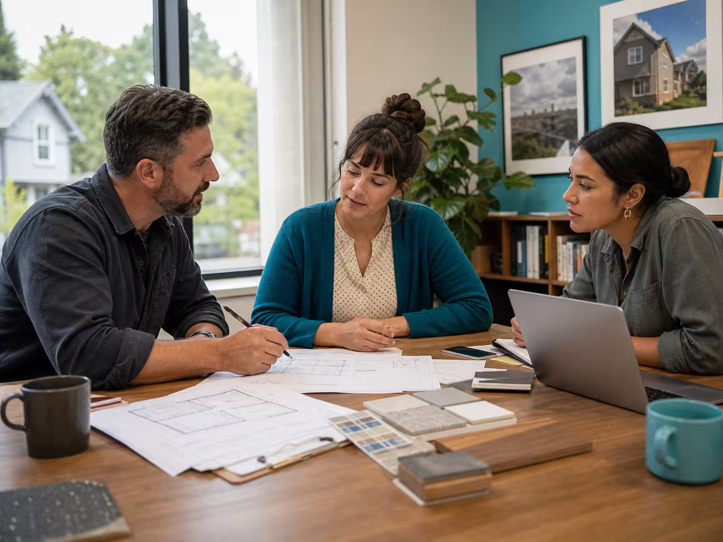 Contractor and nonprofit partners reviewing repair plans and materials around a project table