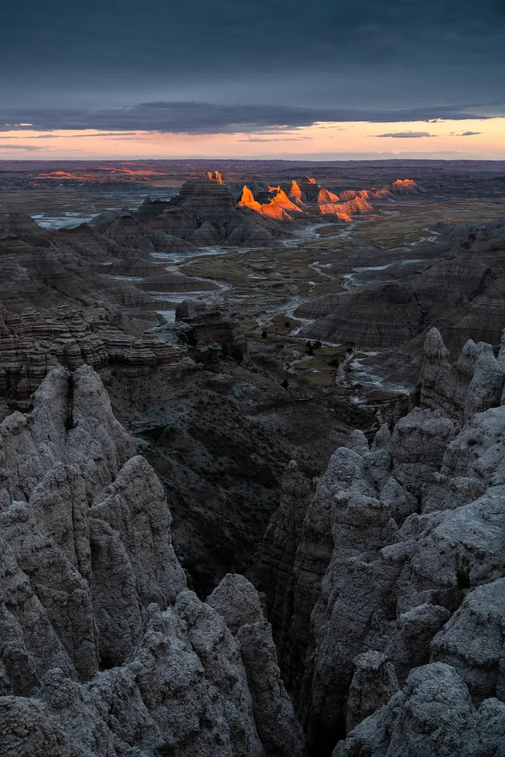 Last light on the spires of the Badlands