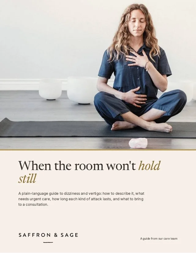 Cover of the free Saffron & Sage guide: When the room won’t hold still