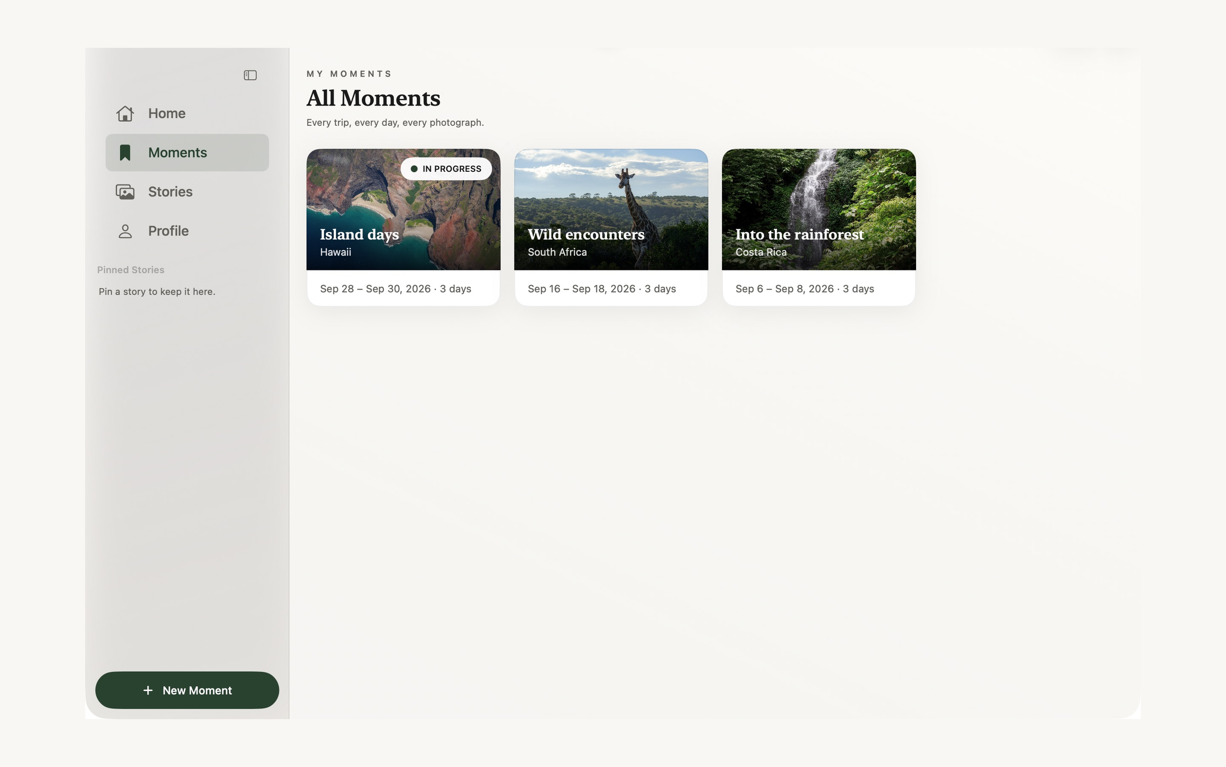 Stories We Keep app, showing a journal Moment with photos and a written caption