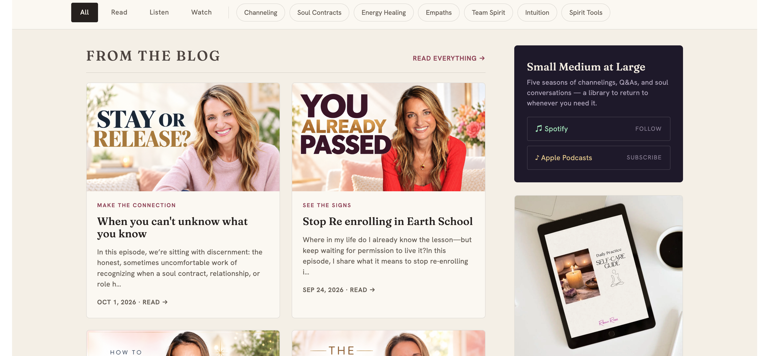 Rebecca Rosen's media hub, with Read, Listen, and Watch entry points and a featured latest episode