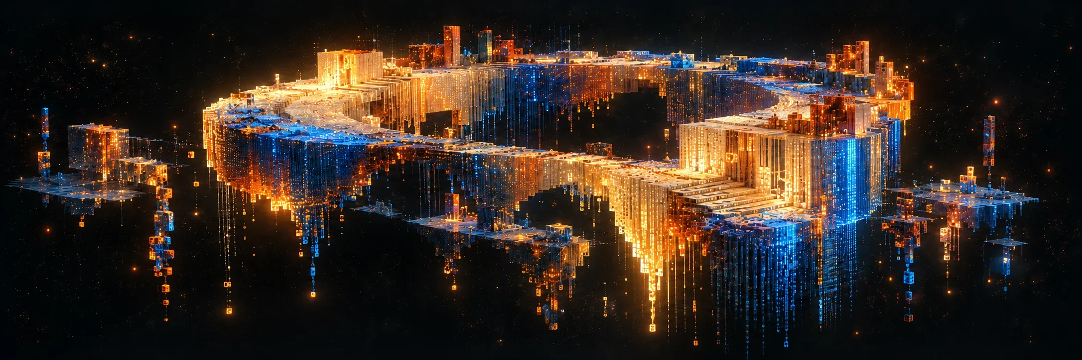 A luminous orbital pavilion assembled from amber and cobalt pixel columns in dark space.