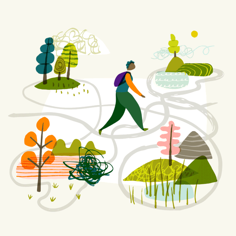 A set of illustrations, each featuring a different individual midway through a journey