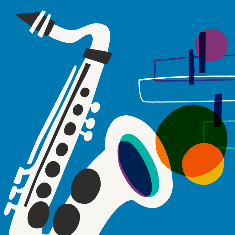 Series of brightly coloured illustrations of different musical instruments