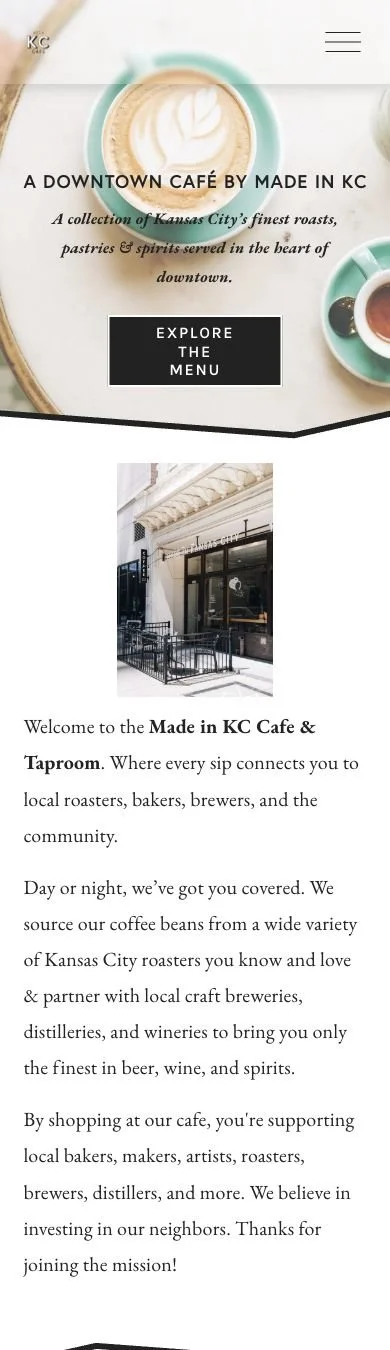 Made in KC Café homepage at phone width, with coffee photography, a menu button and the café exterior.