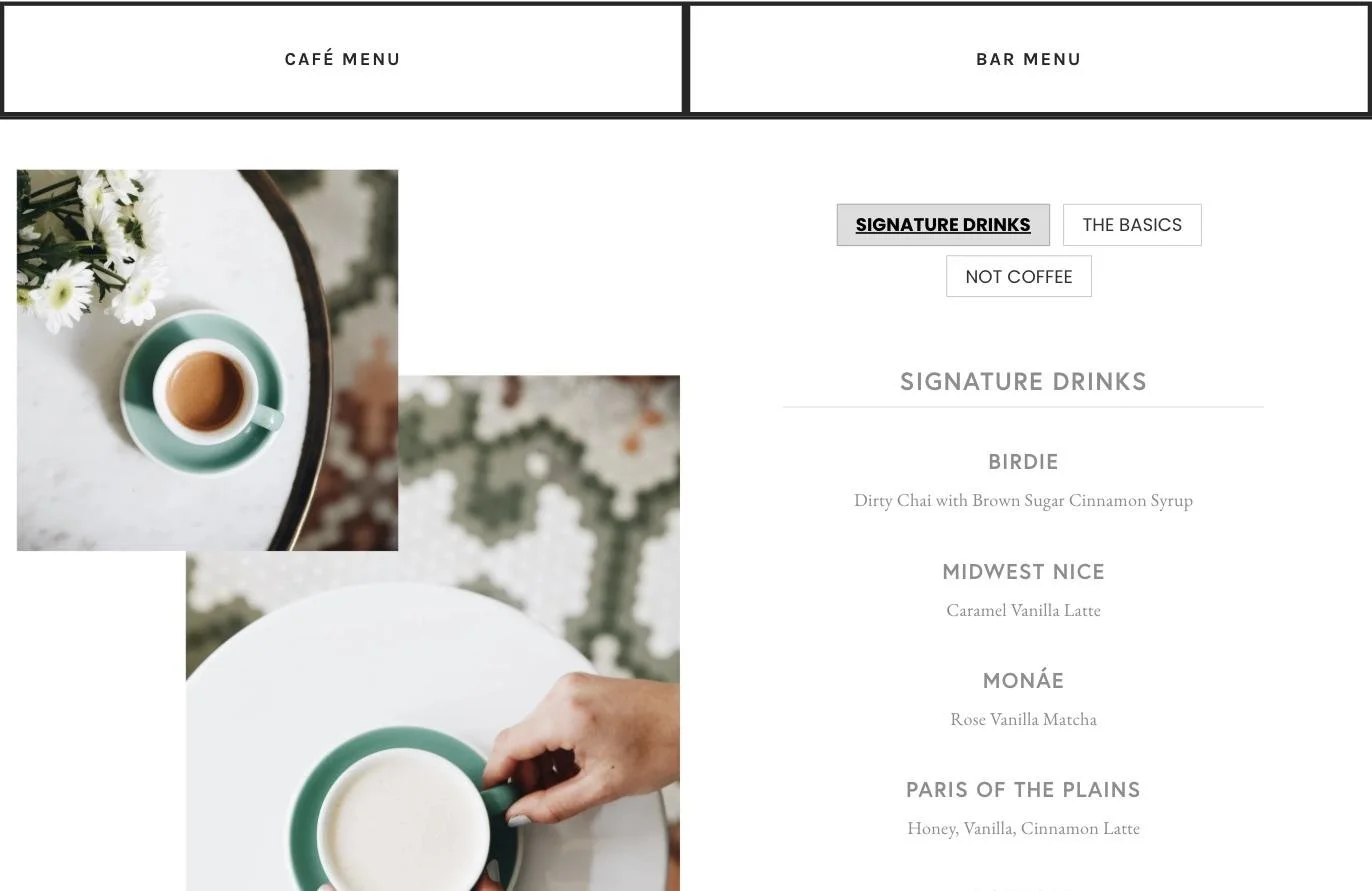 Current combined café and bar menu, showing text descriptions and signature drink tabs beside coffee photography.