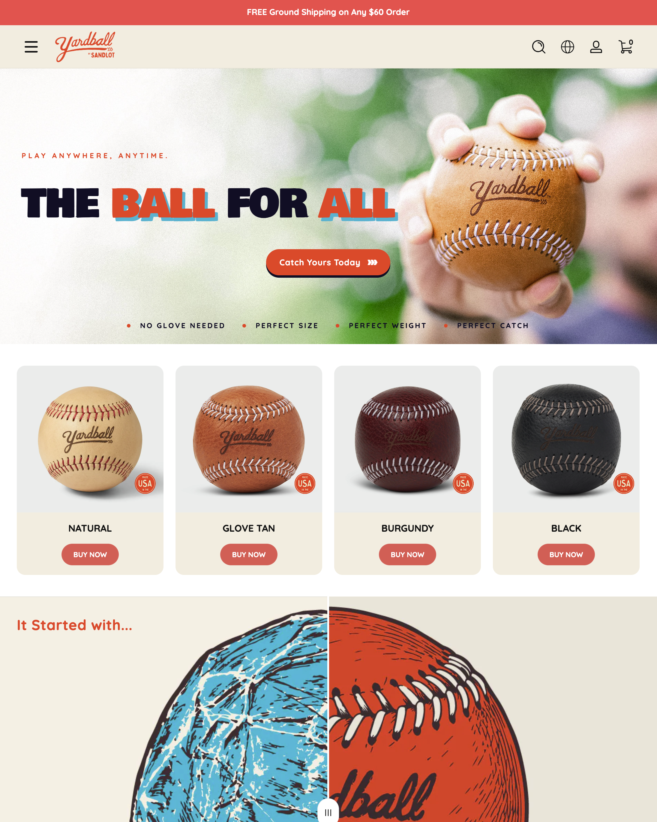 Yardball website homepage — product photography by Blamilton Creative