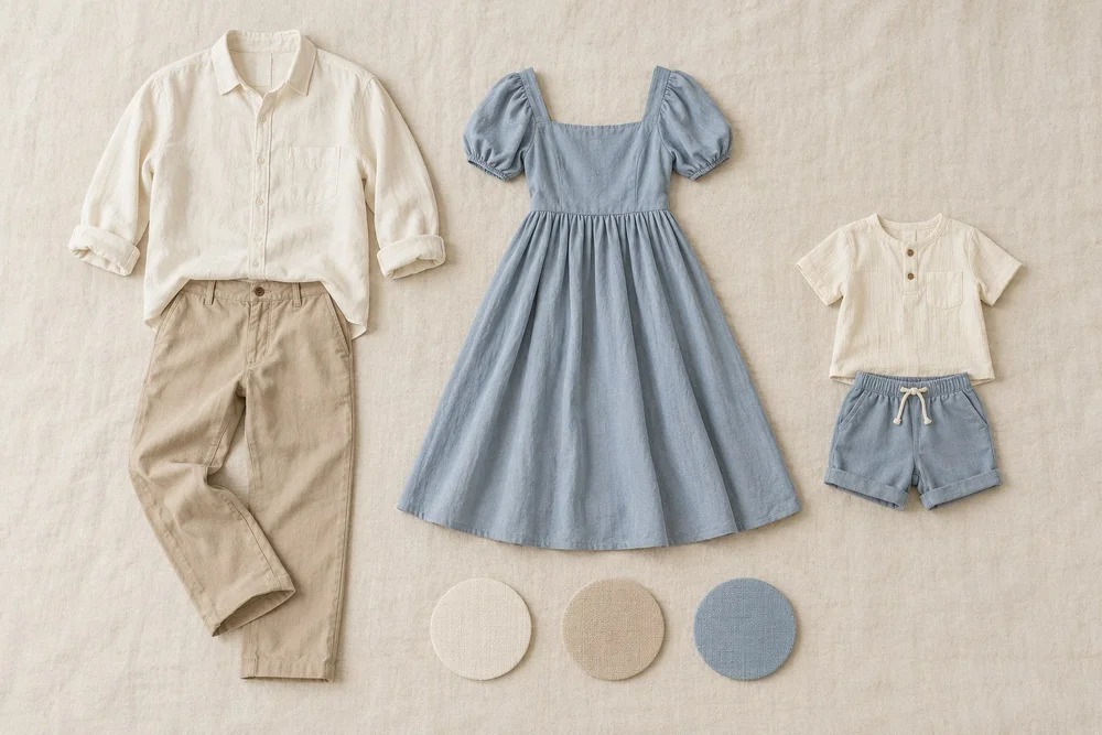 AI-generated family outfit colour palette illustration with cream, beige and dusty blue clothing, created for Mamamiyo Photography Singapore