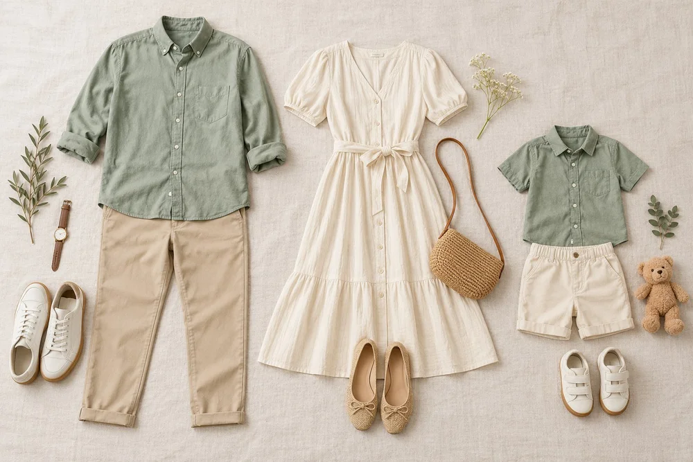 AI-generated illustration of coordinated smart-casual family outfits in sage, cream and beige, created for Mamamiyo Photography Singapore