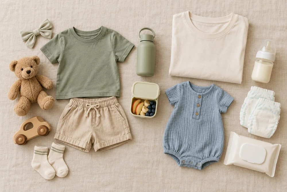 AI-generated family photoshoot preparation illustration showing comfortable children’s clothes, toys, snacks, a spare parent top and baby essentials, created for Mamamiyo Photography Singapore