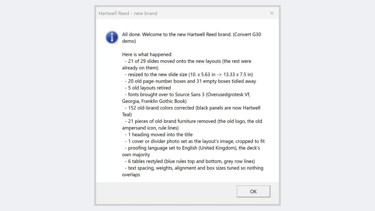 The Convert summary dialog: All done. Welcome to the new brand, followed by a list of every change it made.