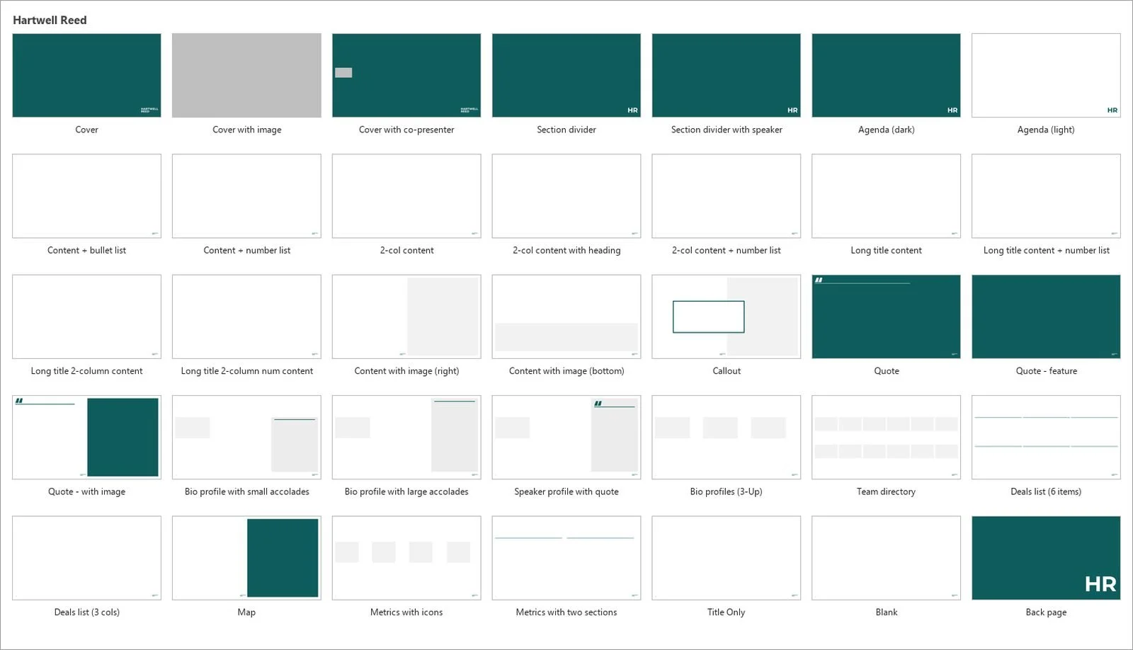 A full set of slide layouts from one master, shown as a grid of thumbnails