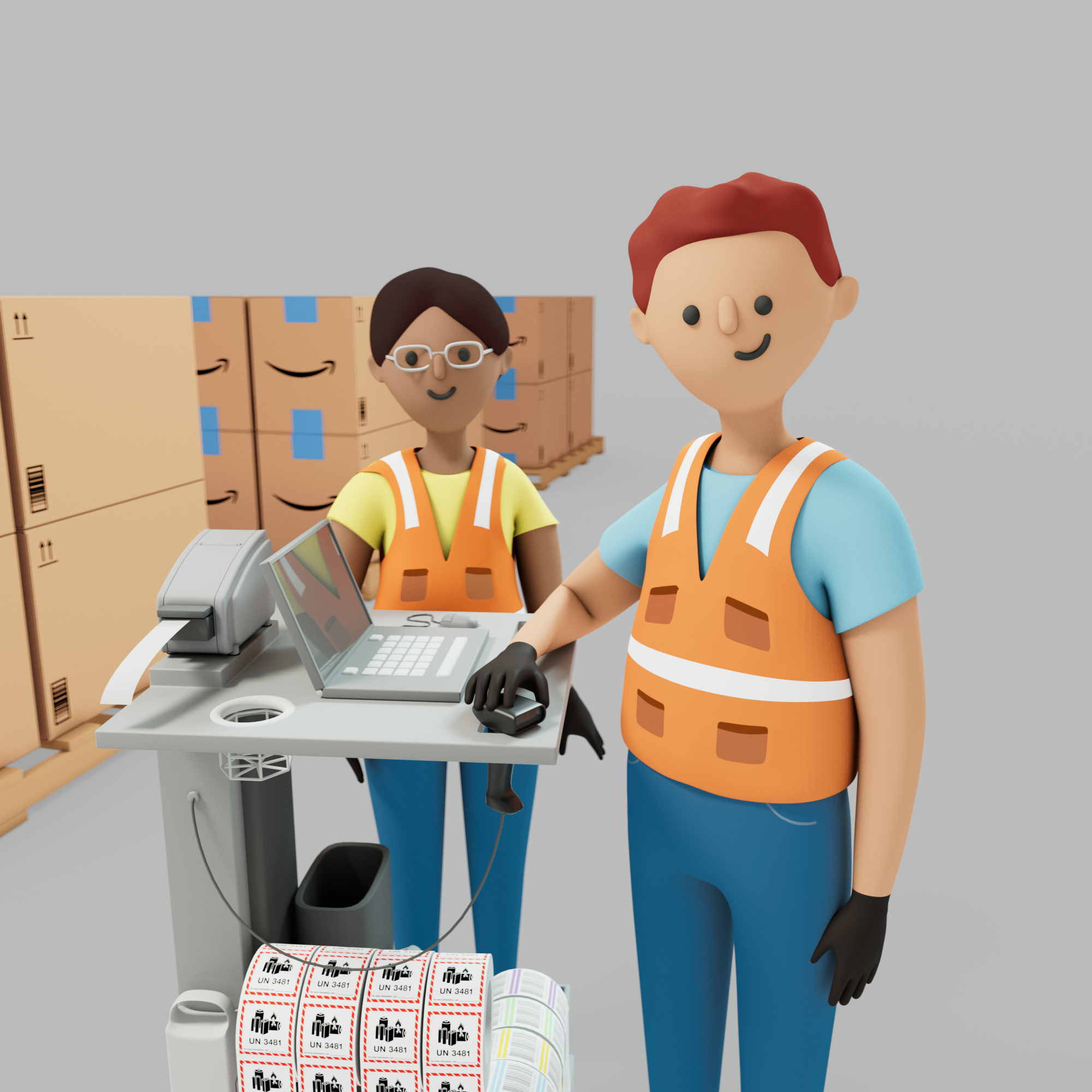 3D operational learning illustration showing associates working at a workstation