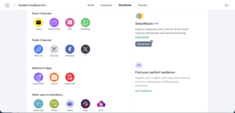 SurveySparrow share options: email, SMS, web link, embed, QR code and social.