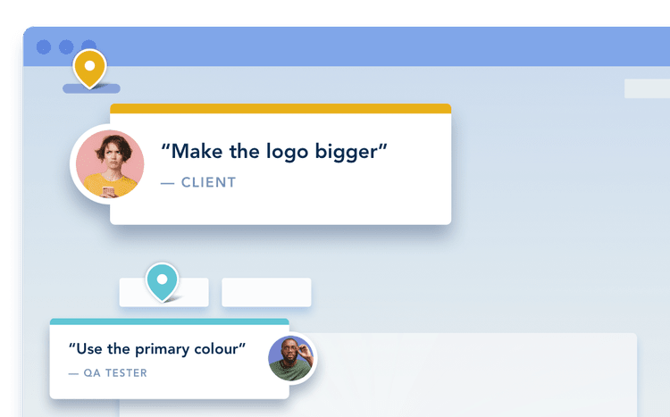 BugHerd feedback pinned to a live website: a client asks to make the logo bigger and a tester asks to use the primary colour.