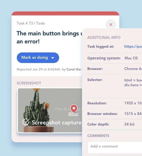 A BugHerd task showing the screenshot, operating system, browser, selector and screen resolution captured with the feedback.