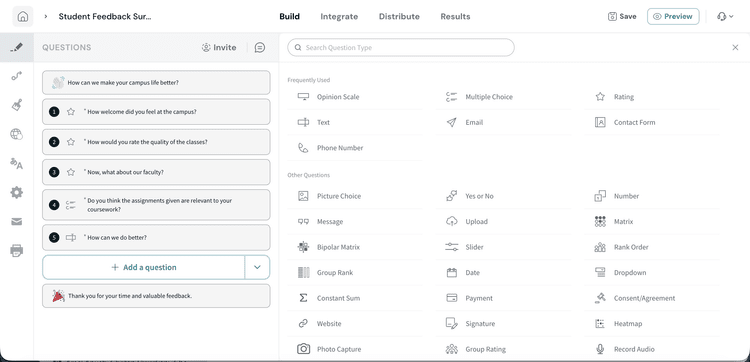 The SurveySparrow survey builder with a question being edited.