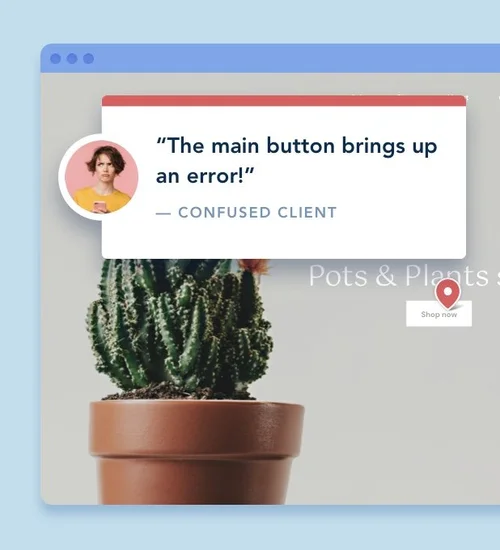 A client comment pinned to a button on a live website.
