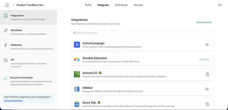 SurveySparrow integrations list.