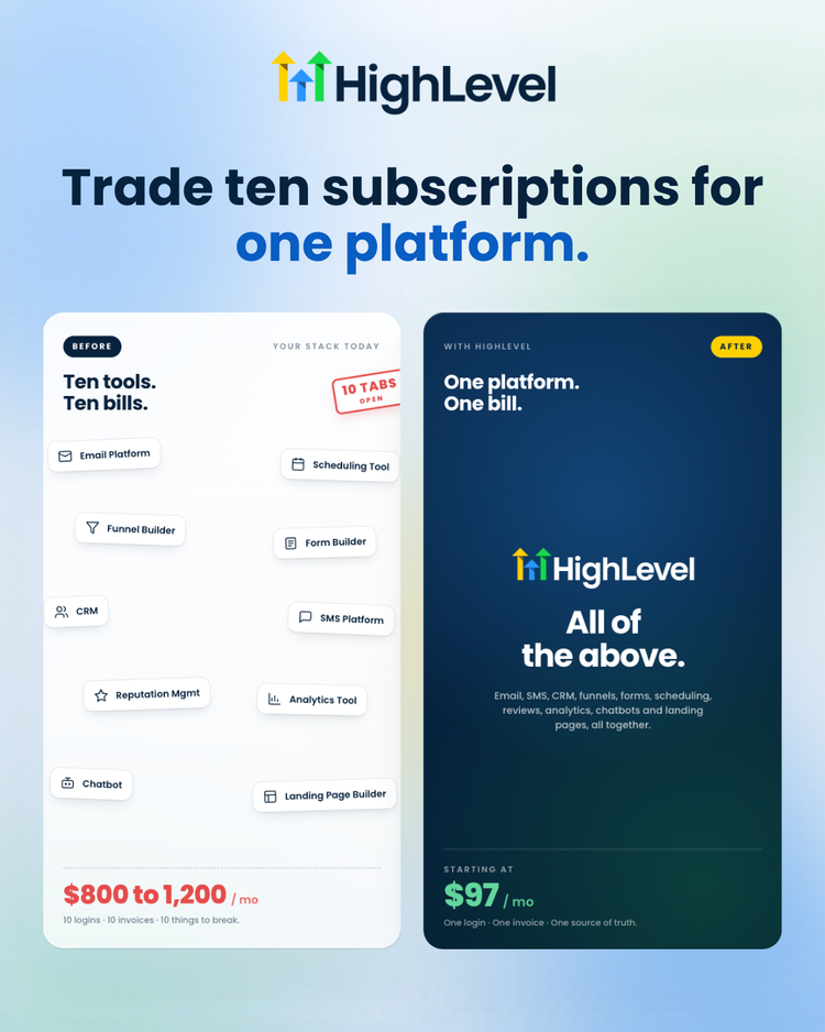 Trade ten subscriptions for one platform: HighLevel compares a ten-tool stack with one HighLevel account.