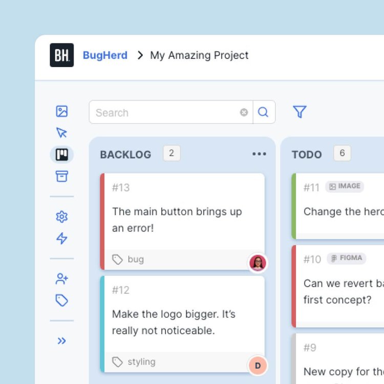 The BugHerd task board with backlog, to-do and done columns.