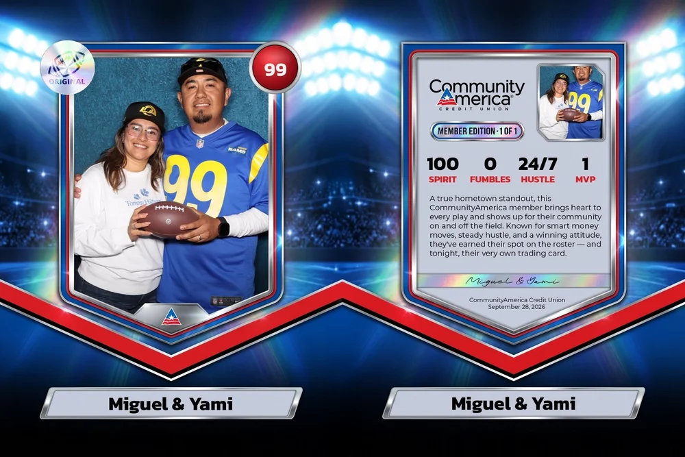Custom trading card, front and back, printed for two members at the LA Rams member night