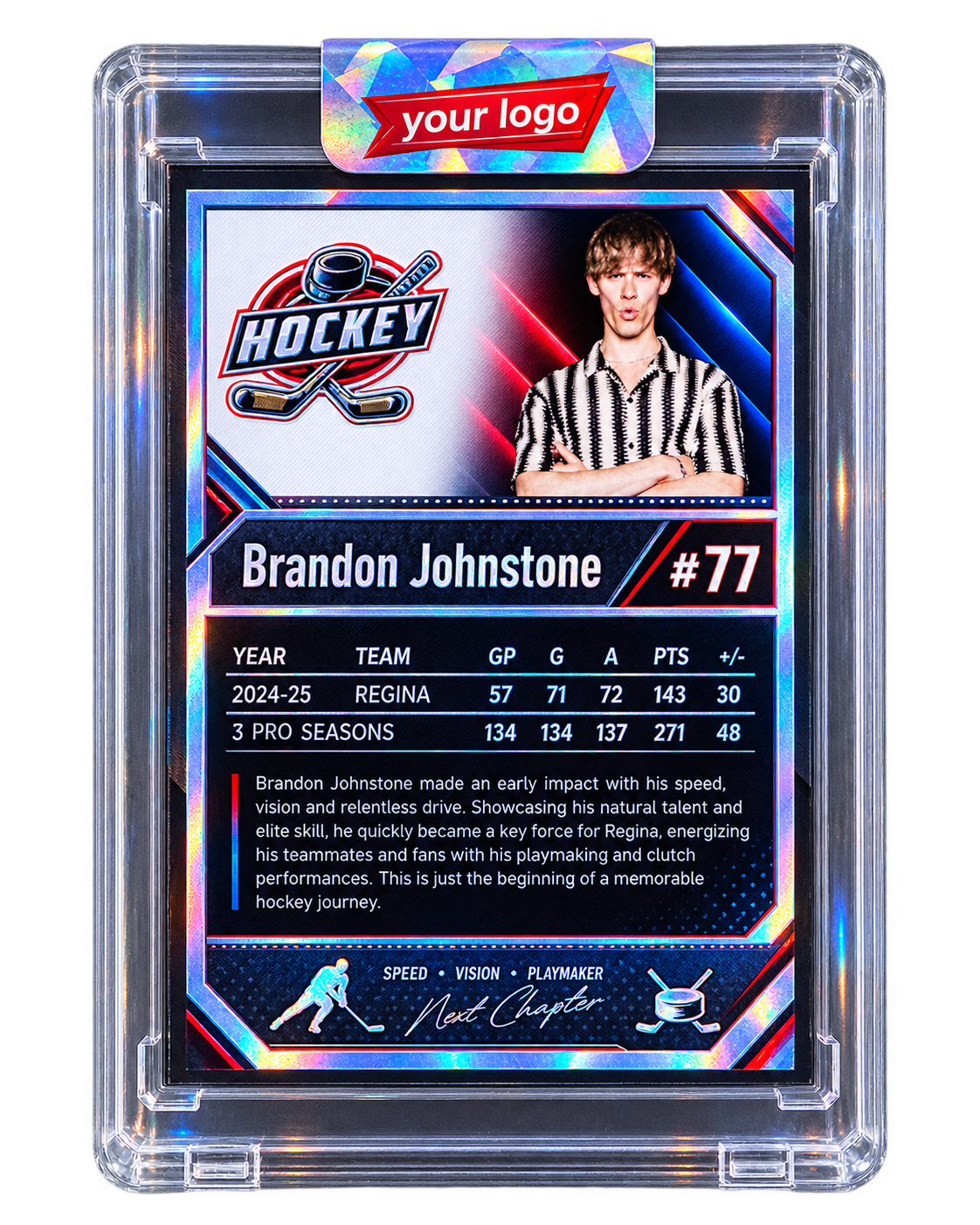 Custom trading card back: stats and QR code