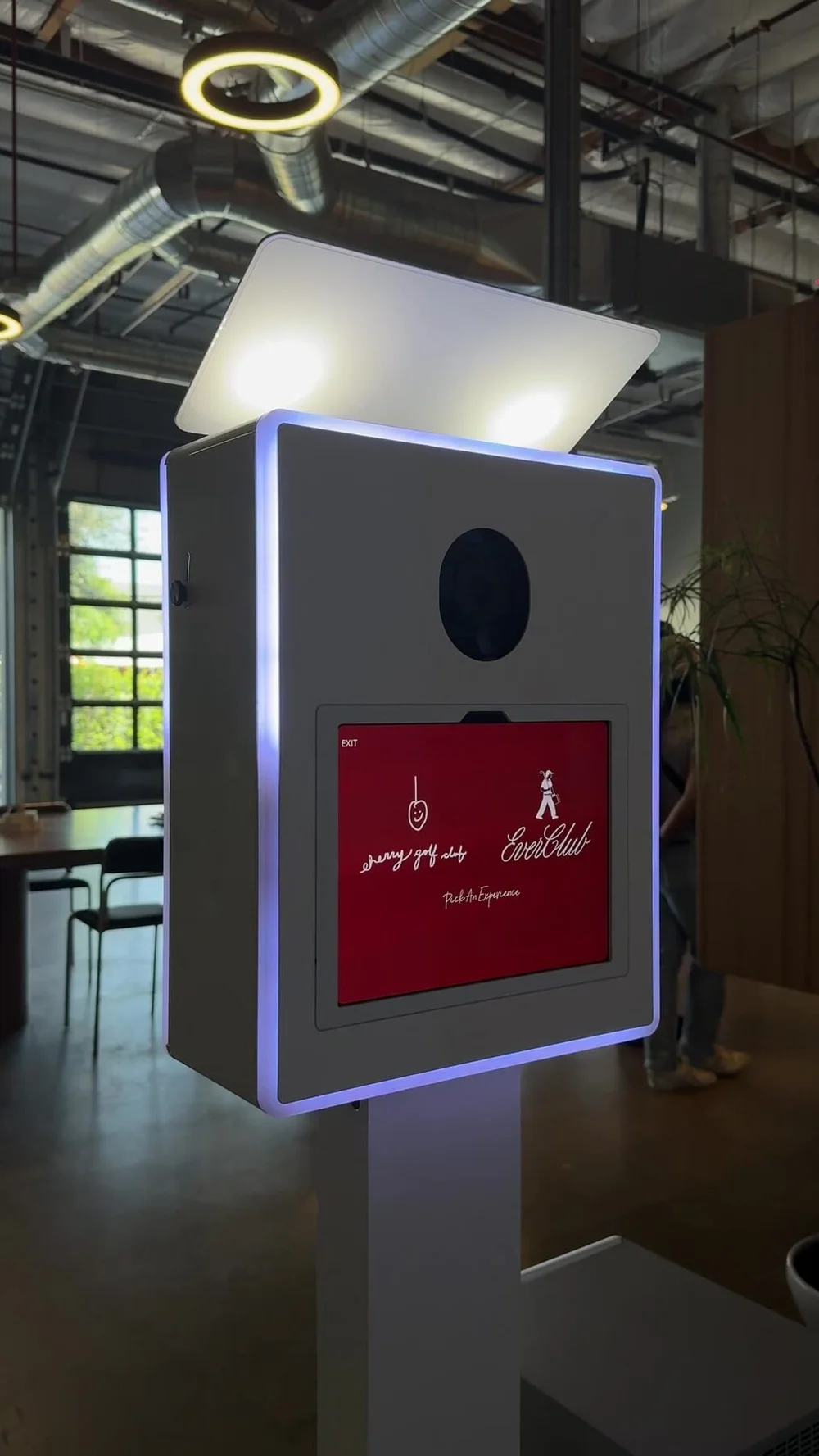 Custom Cherry Golf Club and Ever Club welcome screen on the open-air photo booth