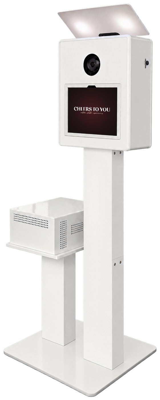 Front of the Cheers To You open-air photo booth in its standard white finish, with camera, touch screen and printer stand
