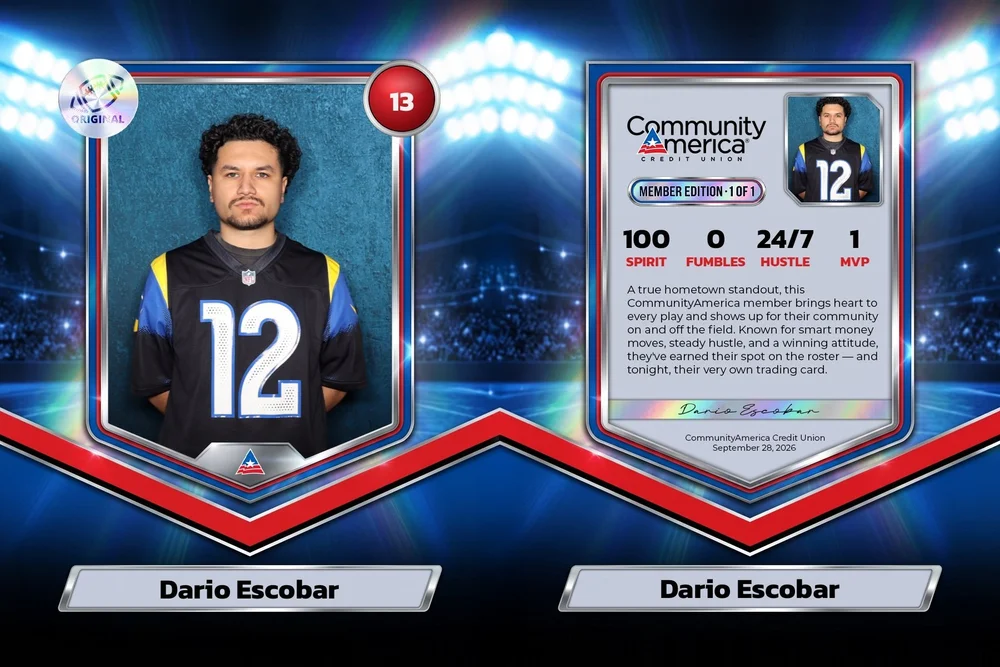 Custom number 12 trading card with player-style stats, printed at the LA Rams member night