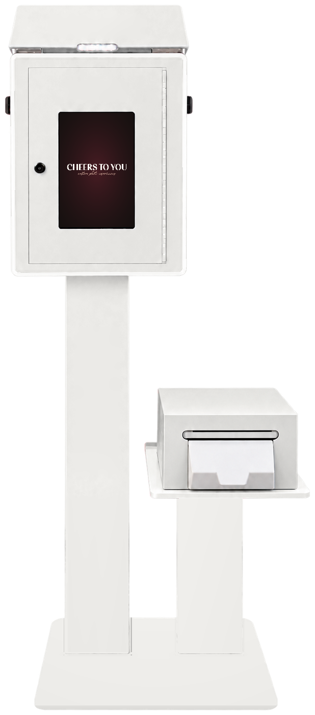 Back of the standard white open-air photo booth with the attendant screen and printer