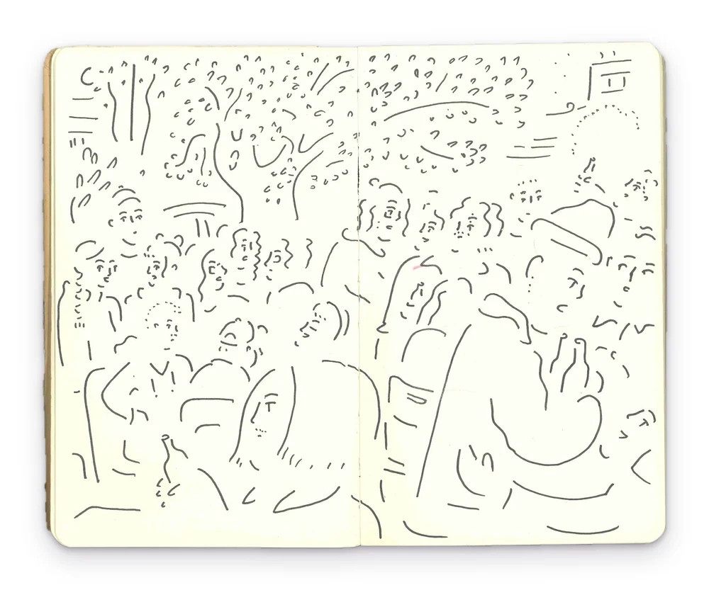 Sketchbook spread of a crowd of people gathered under trees, some holding bottles