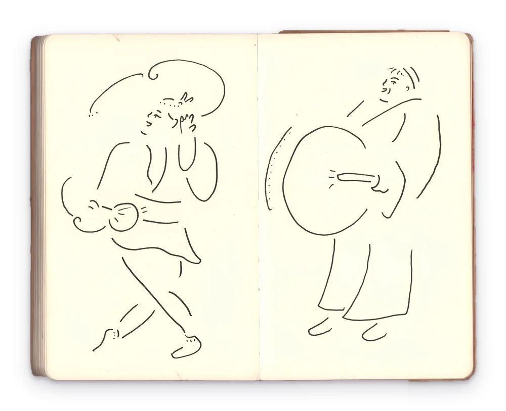 Sketchbook spread of two musicians, one in a wide hat with a small stringed instrument and one holding a large drum