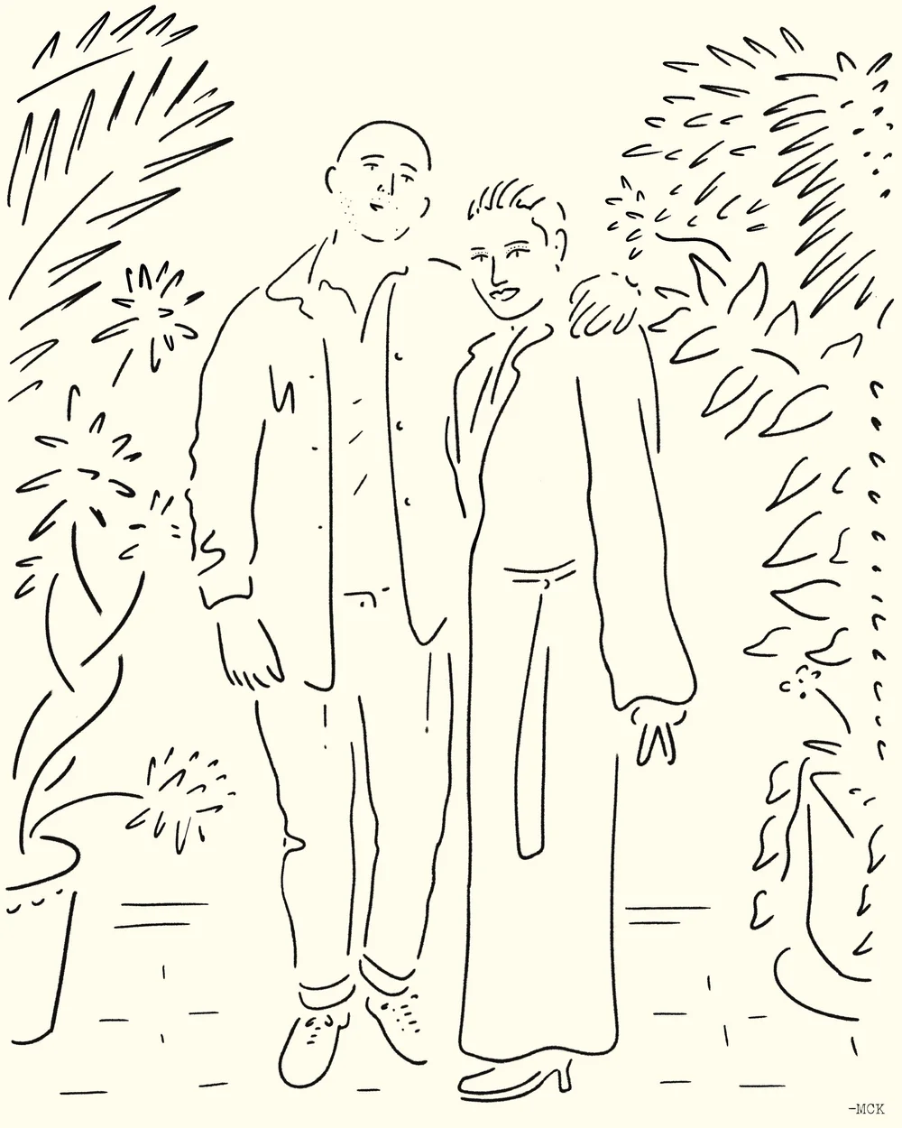 Hand drawn illustration of a couple standing side by side, made for a wedding