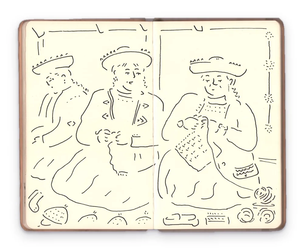 Sketchbook spread of three women in hats sitting and knitting, with yarn and small objects along the bottom
