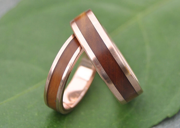 wood and gold wedding ring set by Naturaleza Organic Jewelry