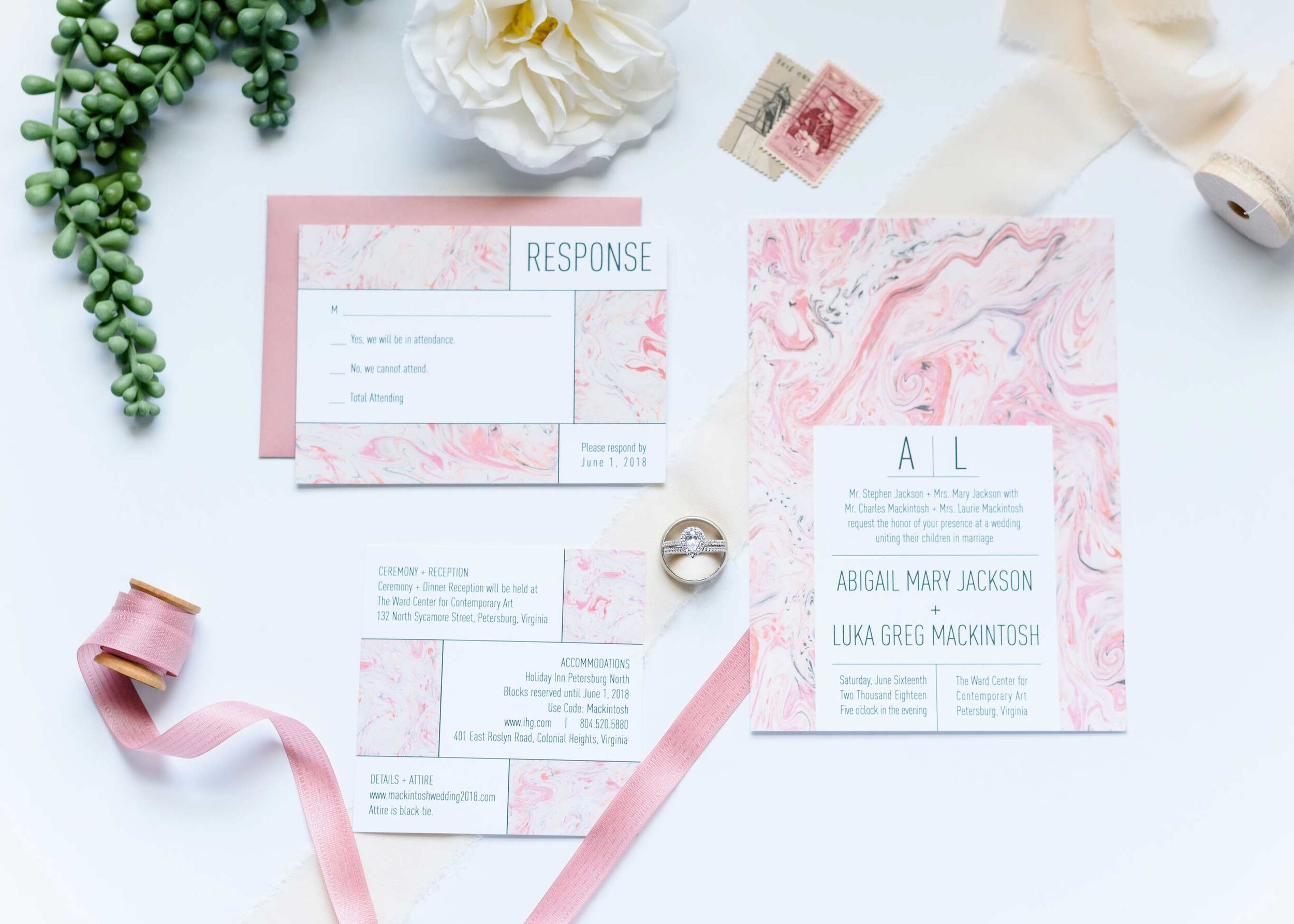 coral pink marble wedding invitation suite Atwater Graphics Studip