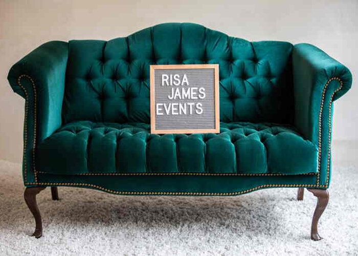 vintage style green couch with felt letterboard that reads Risa James Events Sacramento California