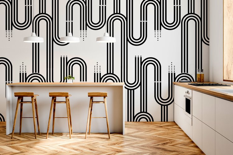 Society of Wonderland Black and White Uptown Modern Geometric Wallpaper in Kitchen