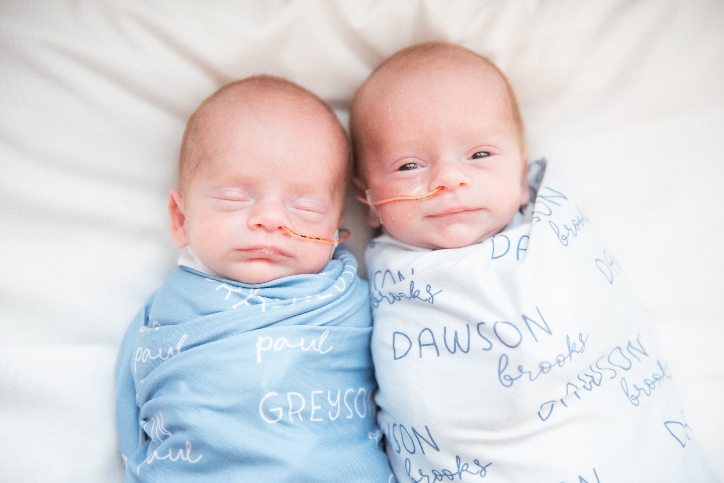 Twin babies swaddled side by side