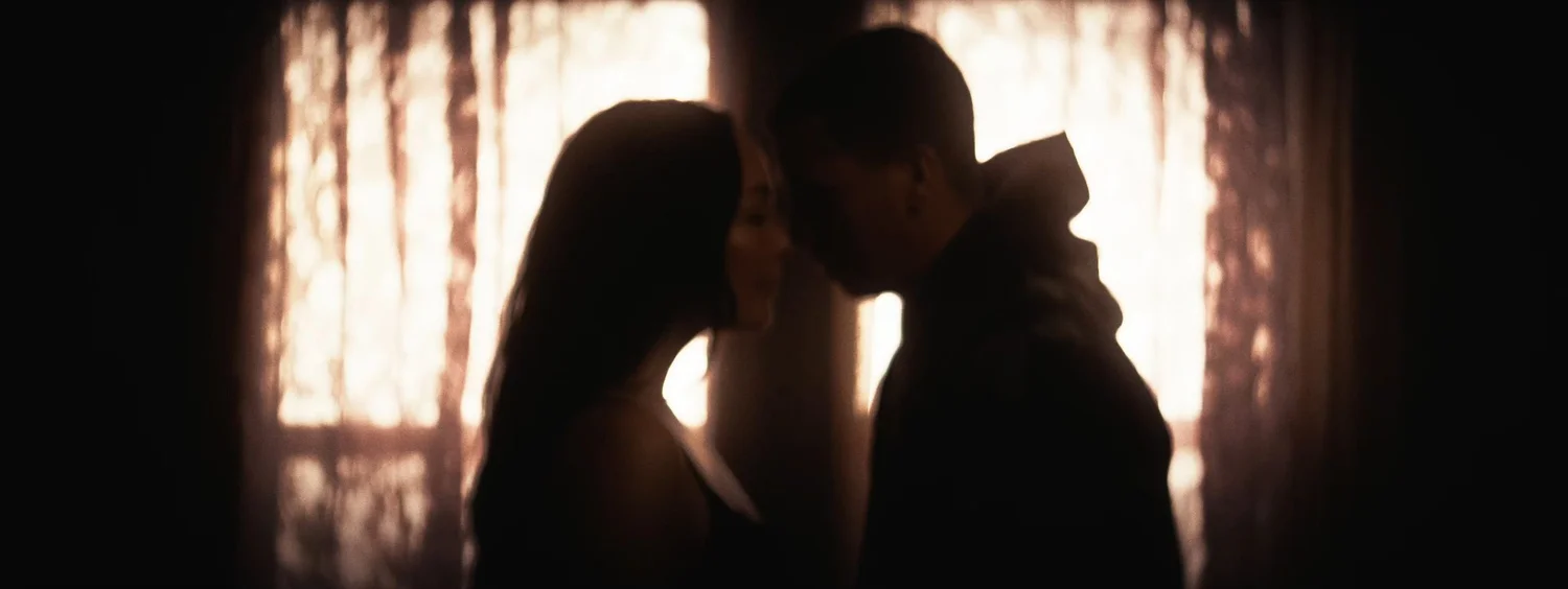 Still from INERTIA: a man in a hooded sweatshirt and a woman with long hair stand face to face in silhouette in front of sheer curtains lit by a bright window.